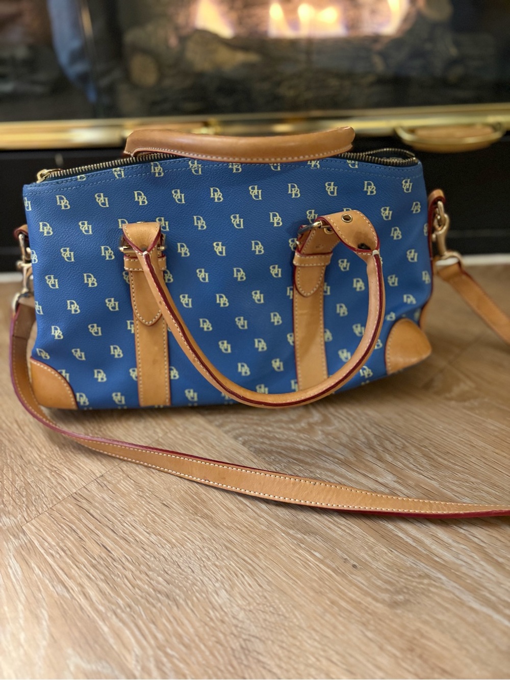 Dooney & Bourke Blue Crossbody Satchel with Tan Leather Trim